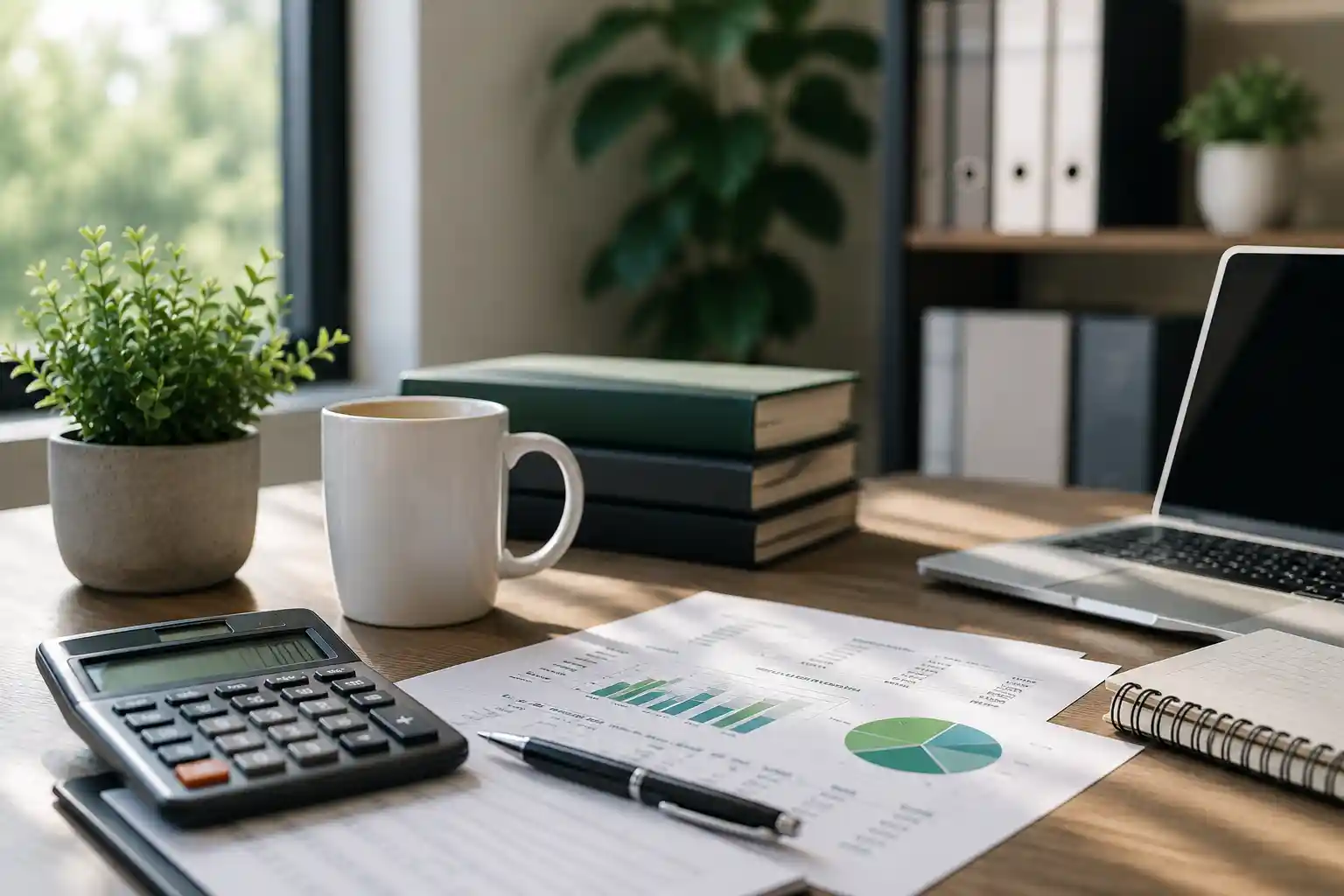 Accounting Firm East Bethel Office Workspace Accounting Firm East Bethel office workspace with calculator, financial reports, laptop, and office supplies