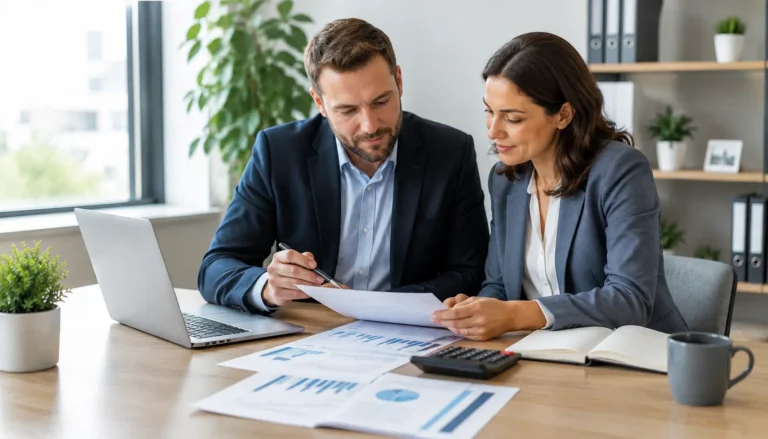 Modern desk with laptop, calculator, charts, and financial documents for small business accounting.